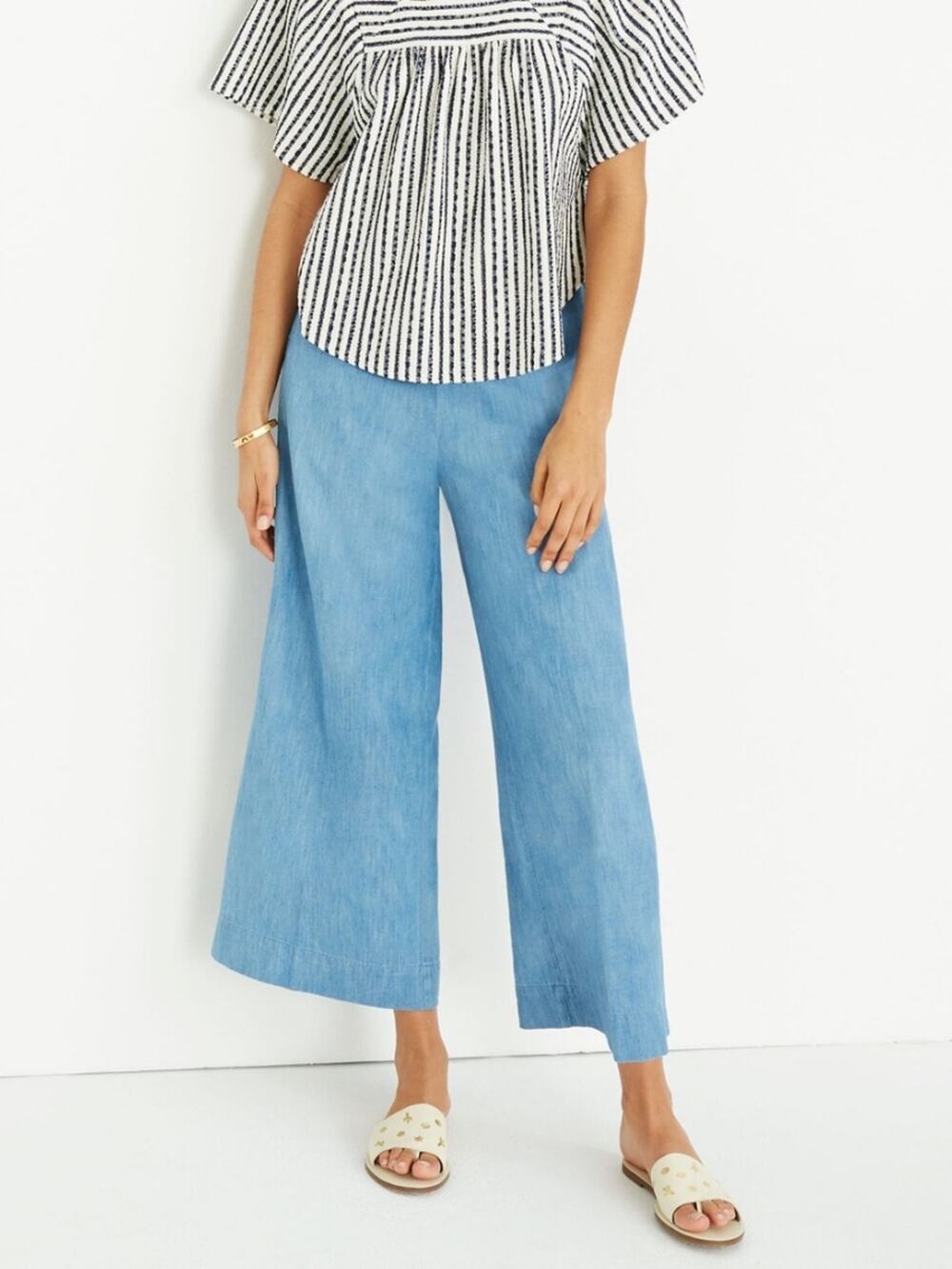 Madewell Chambray Huston Pull-On Crop Wide Leg Cotton Linen Pants Size Small